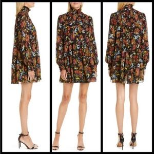 NWOT Cinq ā Sept Rika high neck, tiered, mini dress, black/multicolor fl…